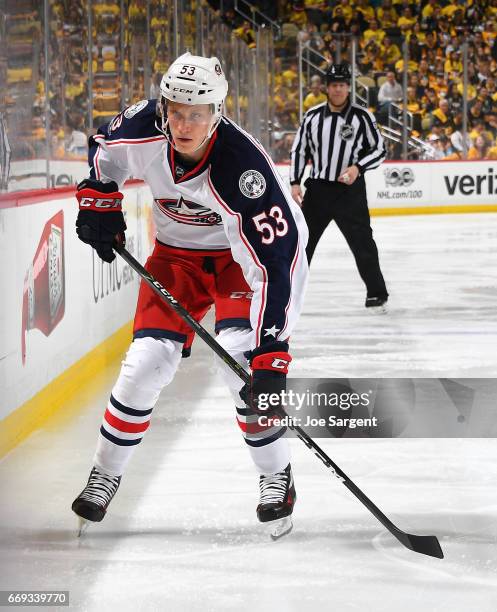 Gabriel Carlsson of the Columbus Blue Jackets skates against the Pittsburgh Penguins in Game Two of the Eastern Conference First Round during the...