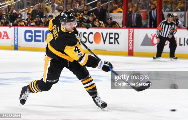 Justin Schultz of the Pittsburgh Penguins skates against the Columbus Blue Jackets in Game Two of the Eastern Conference First Round during the 2017...