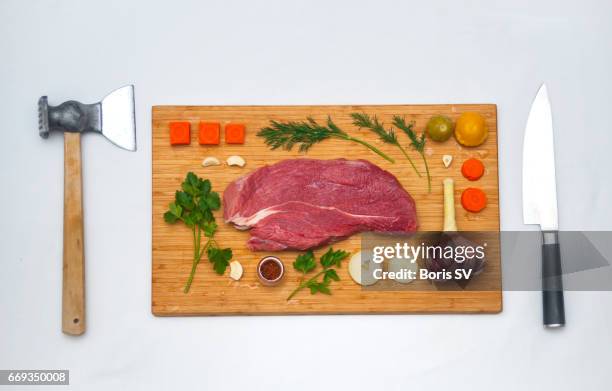 cooking beef. knolling style - tenderizer stock pictures, royalty-free photos & images