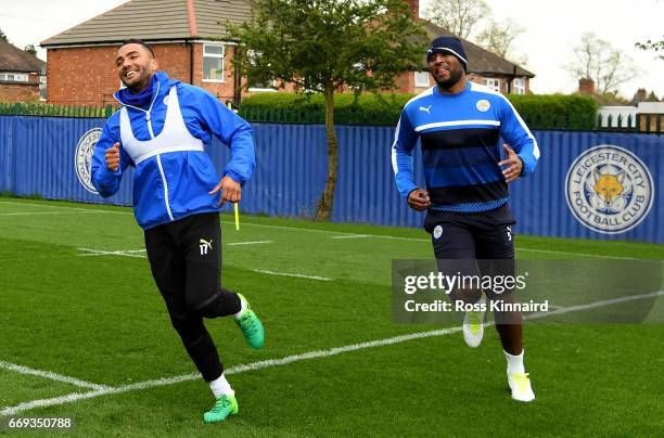 Danny Simpson and Wes Morgan of Leicester City in action during a training session at their Belvoir drive traning centre prior to the Champins League...