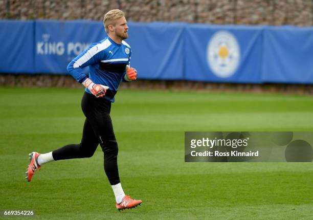 Kasper Schmeichel of Leicester City in action during a training session at their Belvoir drive traning centre prior to the Champins League match on...