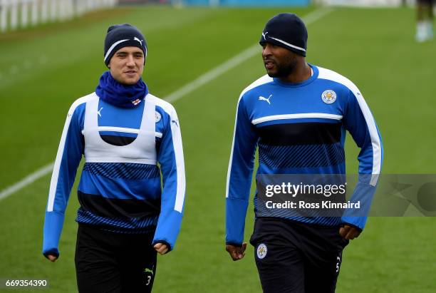 Ben Chinwell and Wes MOrgan arrive for a training session at their Belvoir drive traning centre prior to the Champins League match on April 17, 2017...