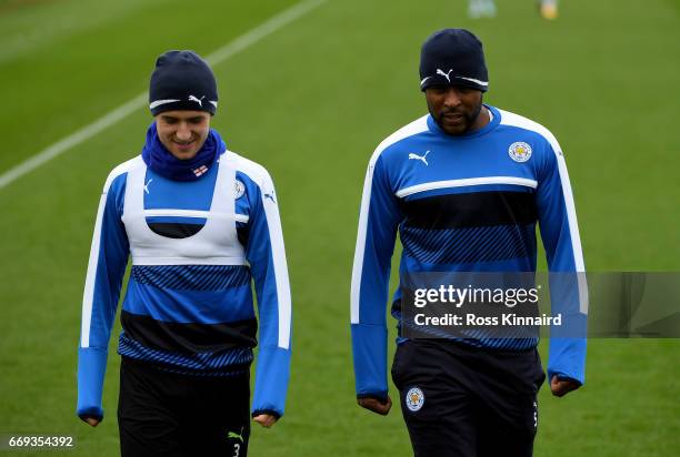 Ben Chinwell and Wes MOrgan arrive for a training session at their Belvoir drive traning centre prior to the Champins League match on April 17, 2017...