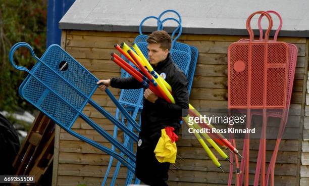 Tom Joel, a member of of Leicester City sports science staff during a training session at their Belvoir drive traning centre prior to the Champins...