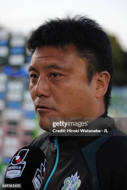 Head coach Cho Kwi Jae of Shonan Bellmare is interviewed after the J.League J2 match between Shonan Bellmare and FC Gifu at Shonan BMW Stadium...