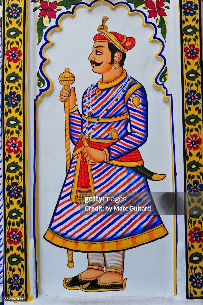 A Mewar style painting in the City Palace, Udaipur, Rajasthan, India