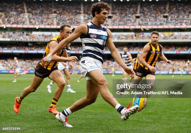 Nakia Cockatoo of the Cats kicks the ball during the 2017 AFL round 04 match between the Hawthorn Hawks and the Geelong Cats at the Melbourne Cricket...