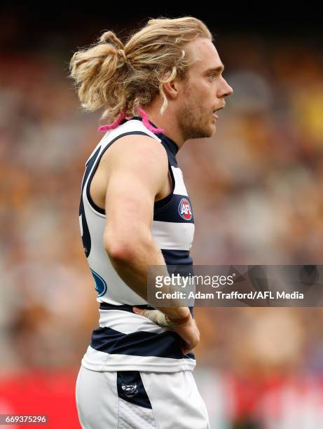 Cameron Guthrie of the Cats looks on during the 2017 AFL round 04 match between the Hawthorn Hawks and the Geelong Cats at the Melbourne Cricket...