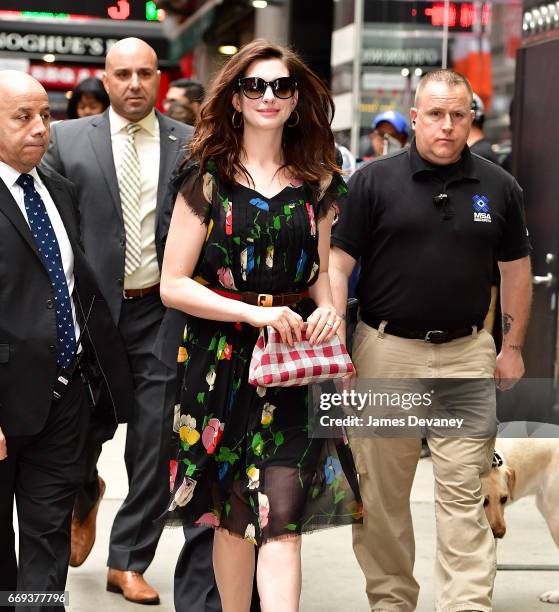 Anne Hathaway arrives to ABC's "Good Morning America" in Times Square on April 17, 2017 in New York City.