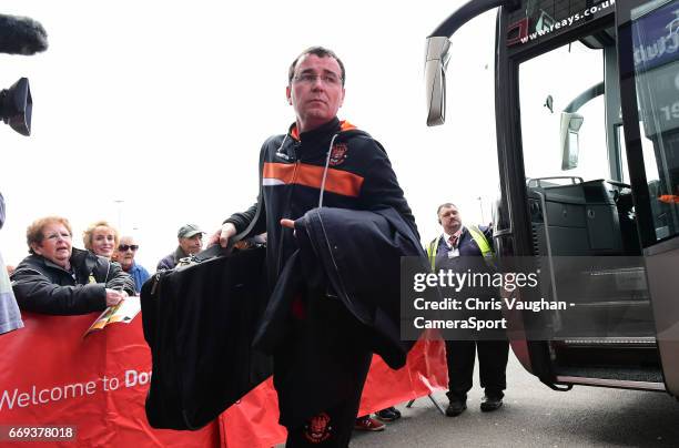 Blackpool manager Gary Bowyer gets off the team coach after arriving at the ground prior to the Sky Bet League Two match between Doncaster Rovers and...