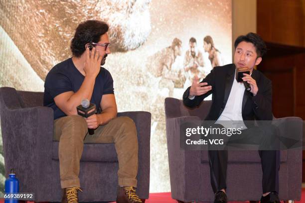 Indian actor and producer Aamir Khan and Chinese boxer Zou Shiming attend the press conference of Bollywood director Nitesh Tiwari's film 'Dangal'...