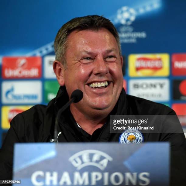 Craig Shakespeare the mamager of Leicester City faces the cameras during a press conference at The King Power Stadium on April 17, 2017 in Leicester,...