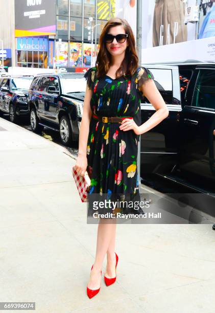 Actress Anne Hathaway is seen outside "Good Morning America" on April 17, 2017 in New York City.