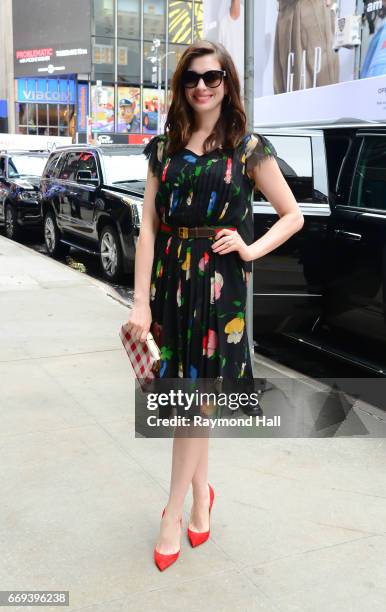 Actress Anne Hathaway is seen outside "Good Morning America" on April 17, 2017 in New York City.