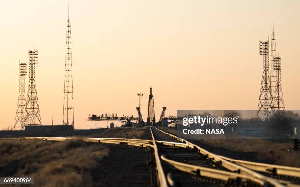 In this handout provided by NASA, Launch Pad 1 is seen as the Soyuz MS-04 spacecraft is rolled out to the launch pad by train on Monday, April 17,...
