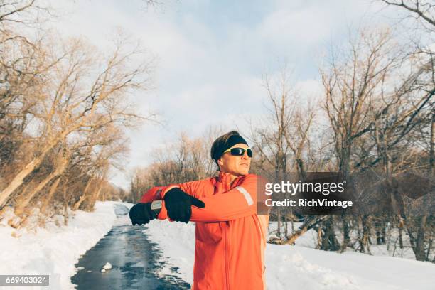 erwachsene männlich laufen in der winterlandschaft - confidence male landscape stock-fotos und bilder