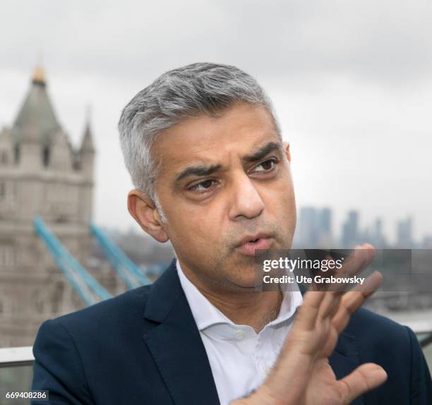 London, Great Britain Sadiq Khan, mayor of the city of London, in front of the Tower Bridge on April 04, 2017 in London, Great Britain.