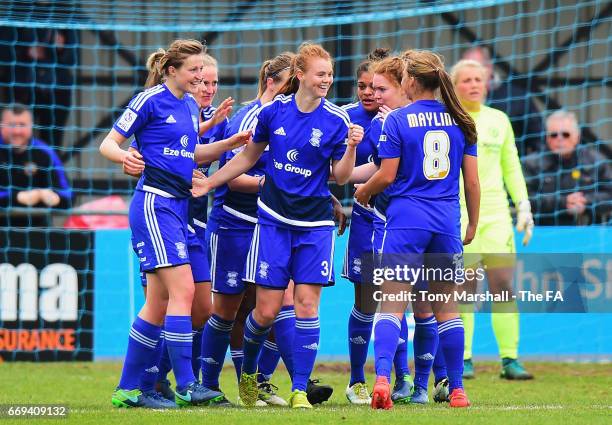 Meaghan Sargeant of Birmingham City Ladies celebrates scoring the opening goal with team mates during the SSE Women's FA Cup Semi-Final match between...