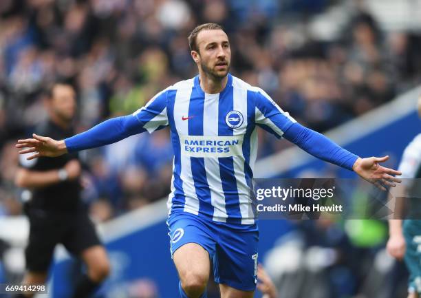 Glenn Murray of Brighton and Hove Albion celebrates scoring the opening goal during the Sky Bet Championship match between Brighton and Hove Albion...