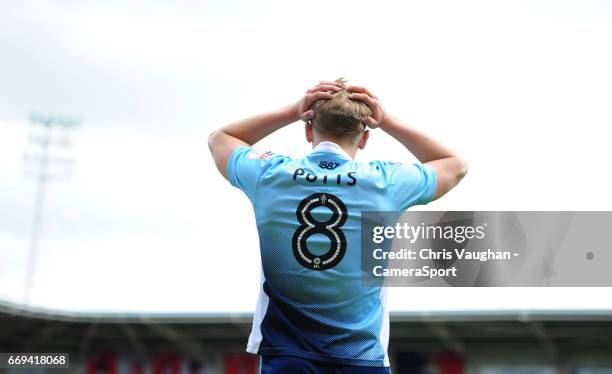 Blackpool's Brad Potts reacts after his goal was ruled out by the officials during the Sky Bet League Two match between Doncaster Rovers and...