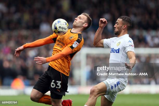 Andreas Weimann of Wolverhampton Wanderers and Kemar Roofe of Leeds United during the Sky Bet Championship match between Leeds United and...