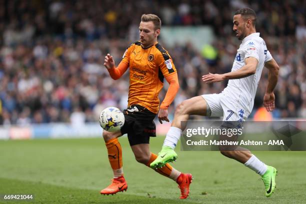 Andreas Weimann of Wolverhampton Wanderers and Kemar Roofe of Leeds United during the Sky Bet Championship match between Leeds United and...