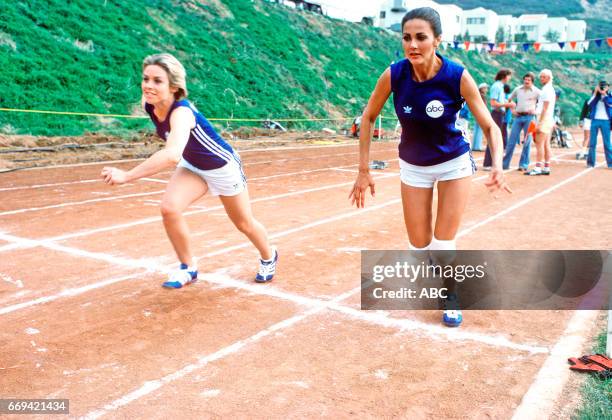 Walt Disney Television via Getty Images contestants Darleen Carr and Lynda Carter competed in "Battle of the Network Stars" at Pepperdine University....