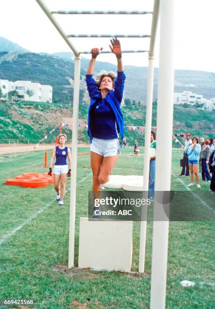 Walt Disney Television via Getty Images contestants Darleen Carr and Farrah Fawcett competed in "Battle of the Network Stars I" at Pepperdine...