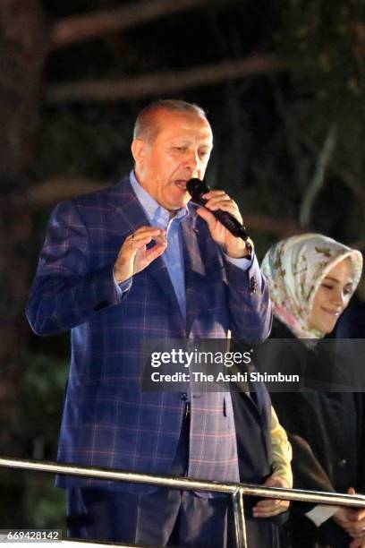 Turkish president Recep Tayyip Erdogan speaks to supporters after the referendum on April 16, 2017 in Istanbul, Turkey. Millions of Turks are heading...