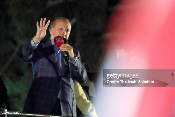 Turkish president Recep Tayyip Erdogan speaks to supporters after the referendum on April 16, 2017 in Istanbul, Turkey. Millions of Turks are heading...