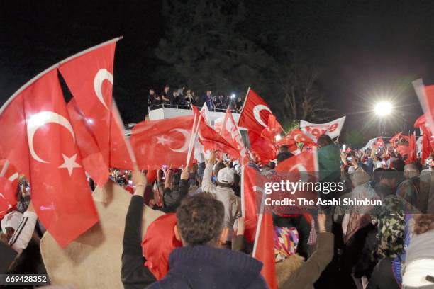 Turkish president Recep Tayyip Erdogan speaks to supporters after the referendum on April 16, 2017 in Istanbul, Turkey. Millions of Turks are heading...