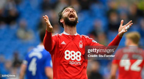 Daniel Fox of Forest reacts after a chance goes wide during the Sky Bet Championship match between Cardiff City and Nottingham Forest at Cardiff City...