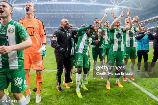 Teamcaptain Kennedy Bakircioglu and Pa Amat Dibba together with teamplayers of Hammarby IF celebrates after the victory in the Allsvenskan match...