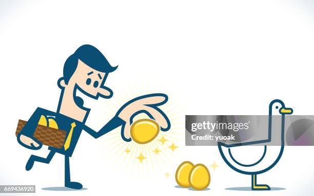 man with goose and golden egg - goose golden egg stock illustrations