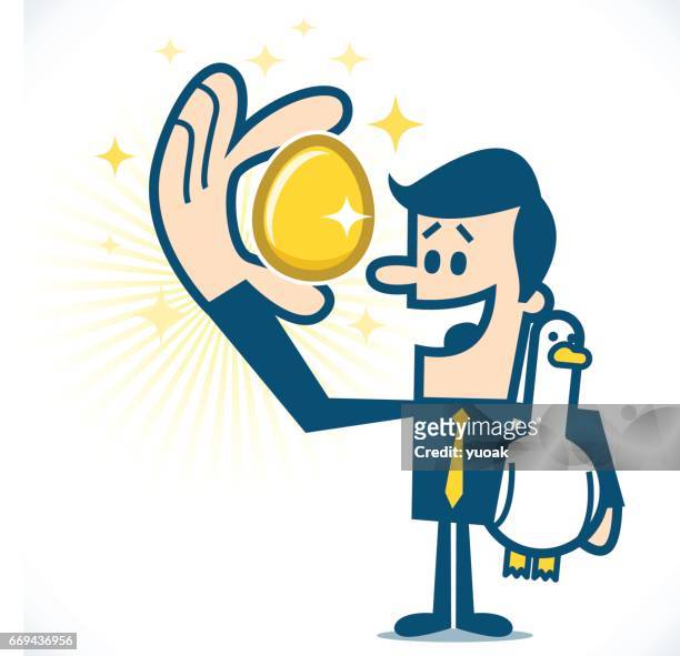 man gets a gold egg from his goose - goose stock illustrations stock illustrations
