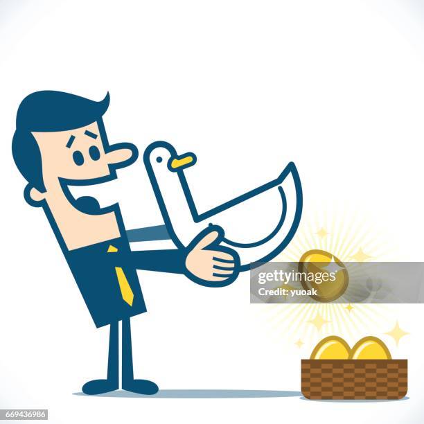 man carrying goose with golden egg into basket - goose stock illustrations stock illustrations