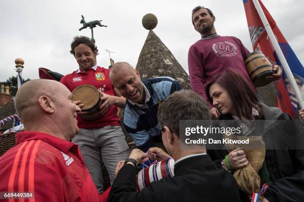 The Bottles are ribboned ahead of the bottle kicking on April 17, 2017 in Hallaton, England. Hallaton hosts the Hare Pie Scramble and Bottle Kicking...