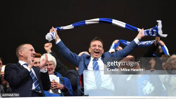 Brighton CEO Paul Barber watches Chairman Tony Bloom celelebrate at the end of the Sky Bet Championship match between Brighton & Hove Albion and...