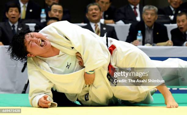 Sara Asahina throws Megumi Tachimoto to get a Yuko point in the final during the 32nd Empress Cup All Japan Women's Judo Championship at Yokohama...