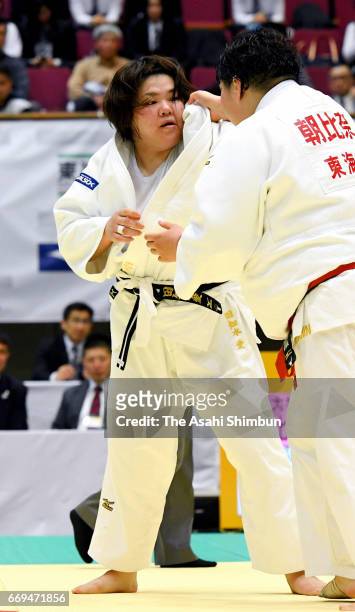 Megumi Tachimoto and Sara Asahina compete in the final during the 32nd Empress Cup All Japan Women's Judo Championship at Yokohama Cultural Gymnasium...