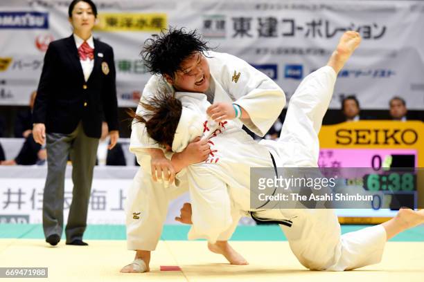 Sara Asahina throws Sara Yamamoto in the quarter final during the 32nd Empress Cup All Japan Women's Judo Championship at Yokohama Cultural Gymnasium...