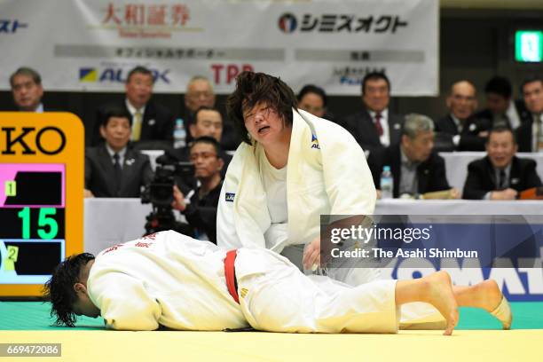 Megumi Tachimoto and Sara Asahina compete in the final during the 32nd Empress Cup All Japan Women's Judo Championship at Yokohama Cultural Gymnasium...