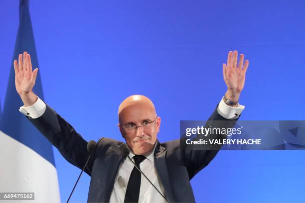 President of the Departmental Council of the Alpes-Maritimes Eric Ciotti gestures as he delivers a speech during a campaign meeting of the French...