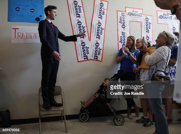 Democratic candidate Jon Ossoff speaks to volunteers at a campaign office as he runs for Georgia's 6th Congressional District in a special election...