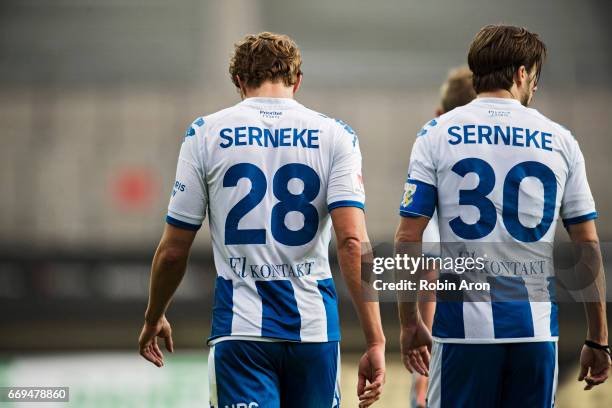 Thomas Rogne and Mattias Bjarsmyr of IFK Goteborg dejected after the Allsvenskan match between IFK Goteborg and Athletic FC Eskilstuna at Gamla...