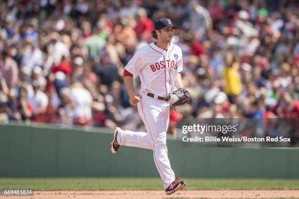 Ben Taylor of the Boston Red Sox enters the game during the seventh inning of a game against the Tampa Bay Rays on April 17, 2017 at Fenway Park in...