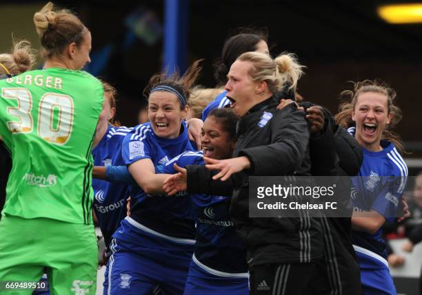 Birmingham City Ladies celebrate after defeating Chelsea during the Women's FA Cup Semi Final between Birmingham City Ladies and Chelsea Ladies at...