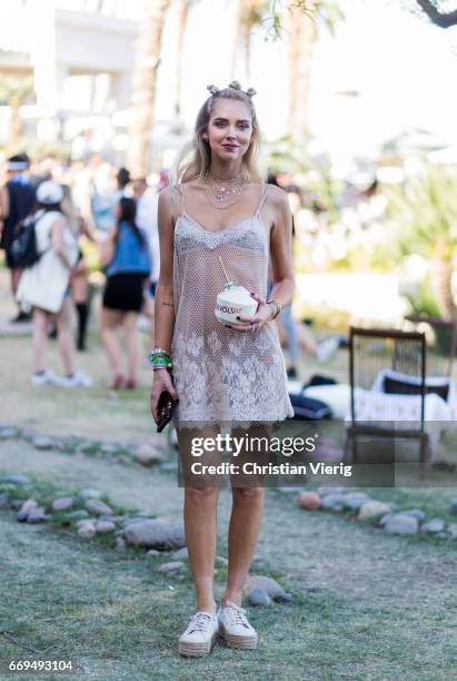 Chiara Ferragni wearing a sheer dress at the Revovle Festival during day 3 of the 2017 Coachella Valley Music & Arts Festival Weekend 1 on April 16,...