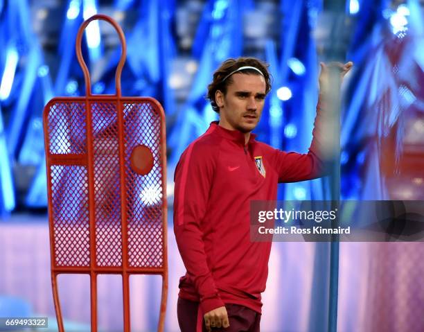 Antoine Griezmann of Atletico Madrid during a training session at The King Power Stadium on April 17, 2017 in Leicester, England.