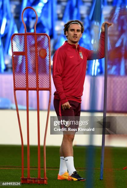 Antoine Griezmann of Atletico Madrid during a training session at The King Power Stadium on April 17, 2017 in Leicester, England.